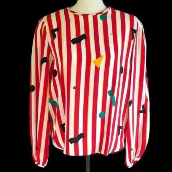 Vintage Tops - Vintage 80’s Disegni By Kostar Silk Red Stripe Geometric Print Blouse Top